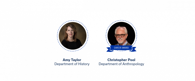Image 5: Outstanding Graduate Student Mentoring Awards  Two portraits: Amy Taylor, Department of History; Christopher Pool (Career Award), Department of Anthropology.